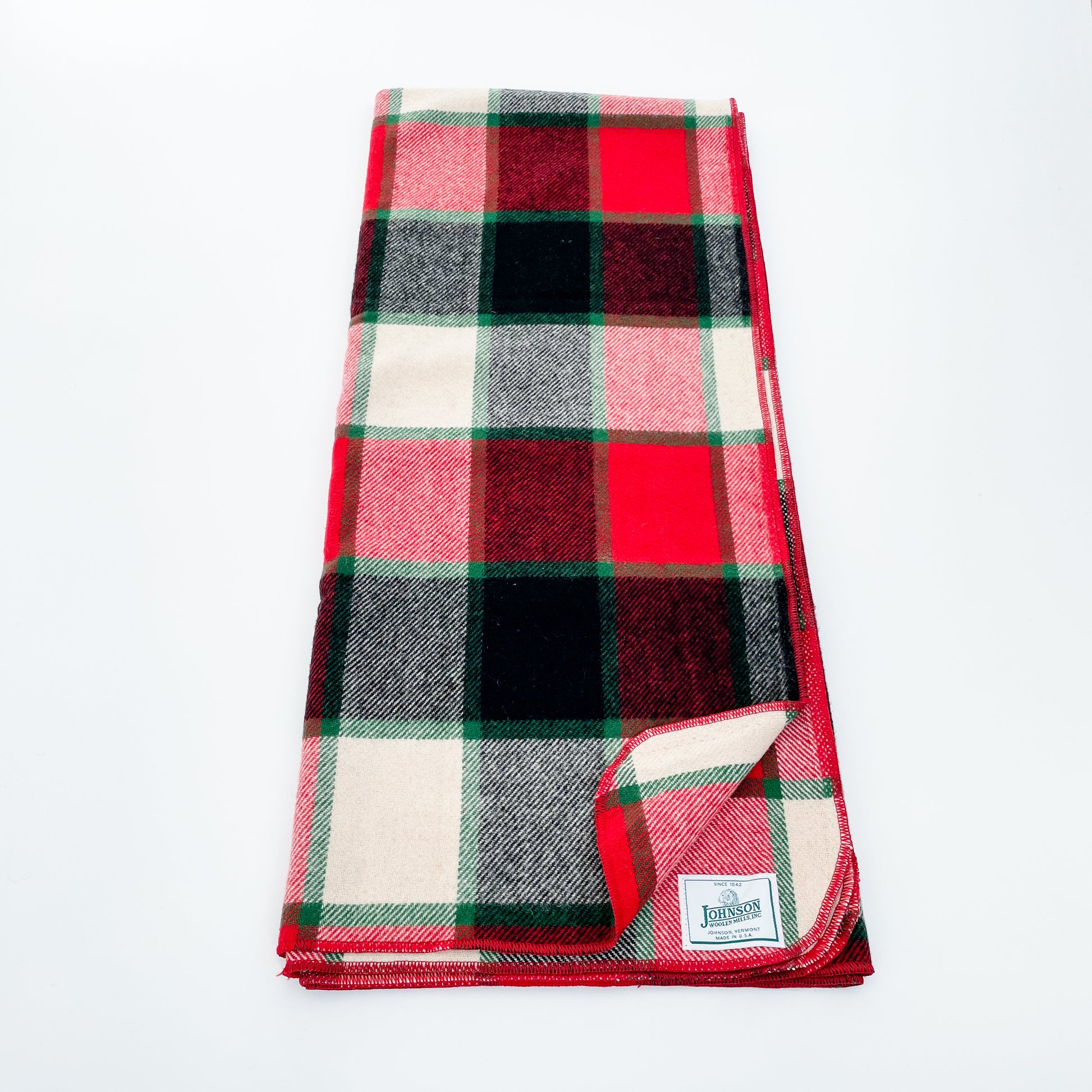 Johnson Woolen Mills Throw, Old Canadian Plaid, Rust/Green/Ivory/Black Plaid, unfolded view