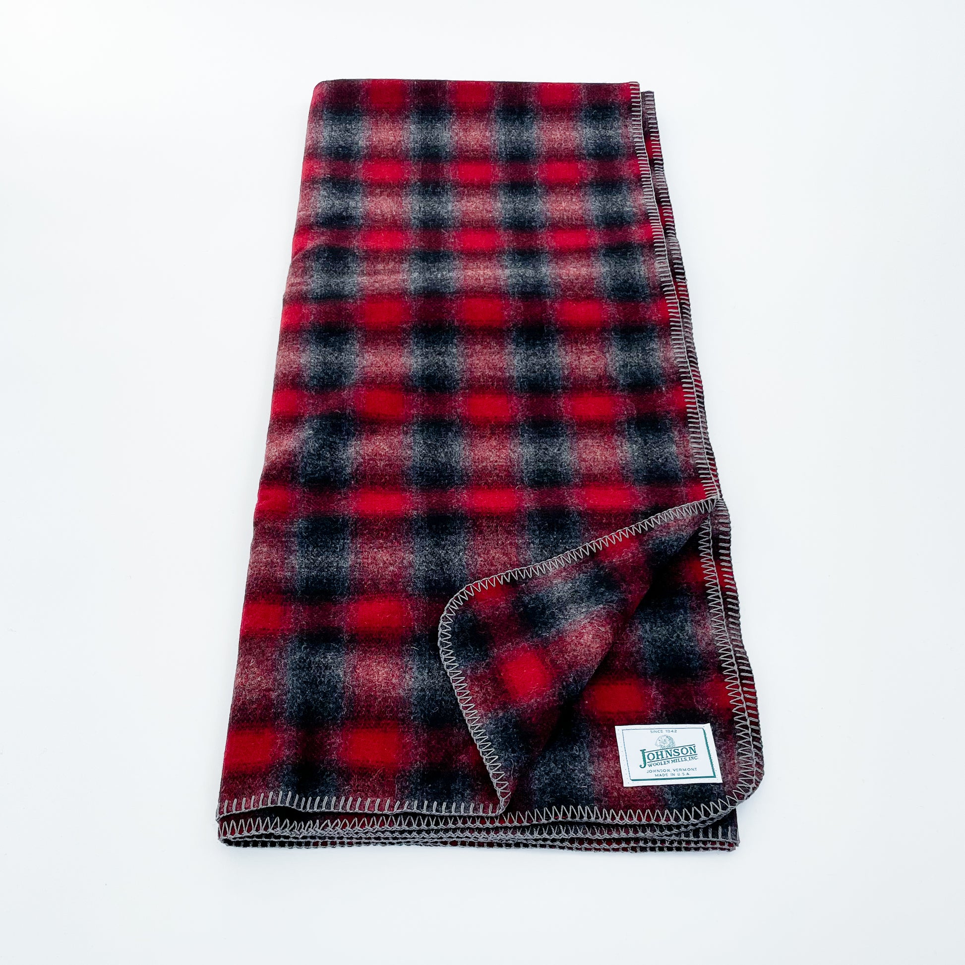 Johnson Woolen Mills Throw, Red/Black/Gray Muted Plaid, unfolded view