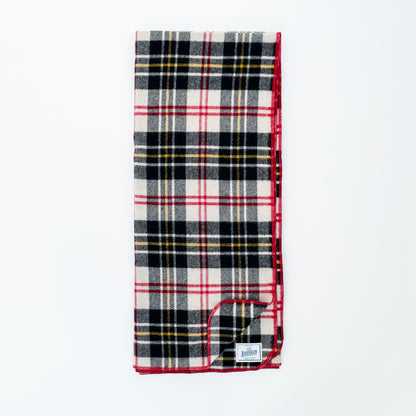 Johnson Woolen Mills throw - black, white, yellow, red with red stitching and logo - full view 