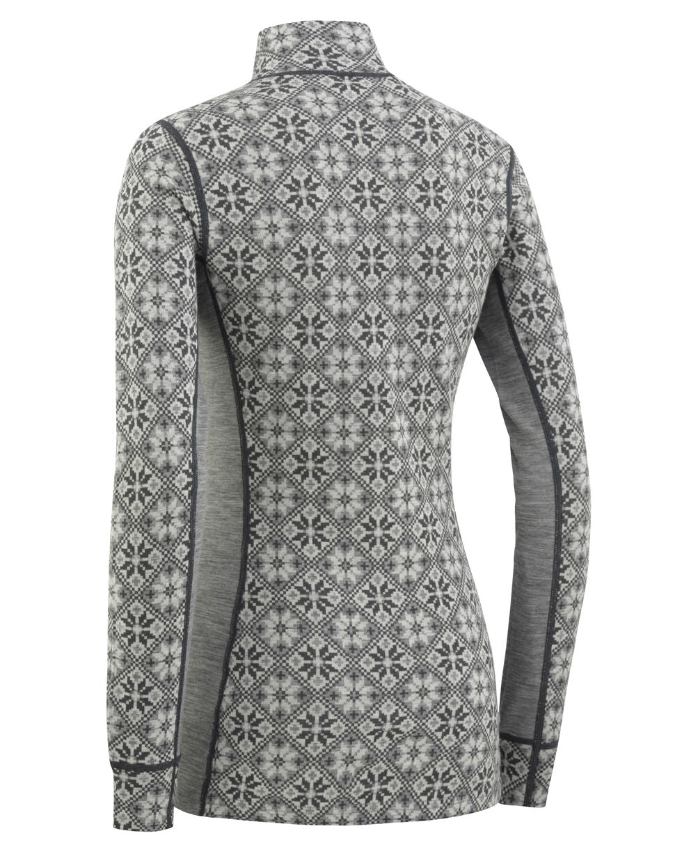Karai Traa gray and white pattern merino wool quarter zip base layer with long sleeves, back view.  