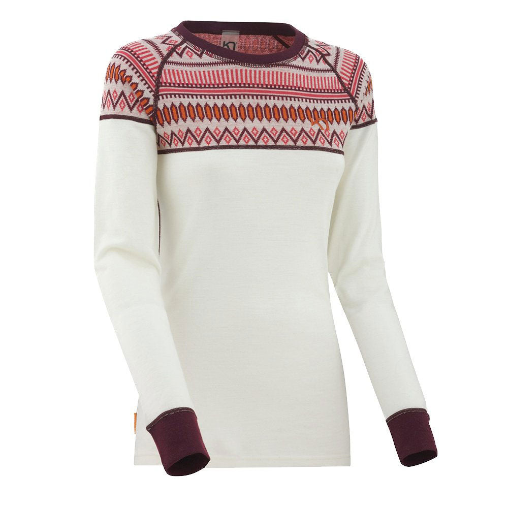 Kari Traa Lokke top, white with burgundy design top & sleeves, high collar, front view shown