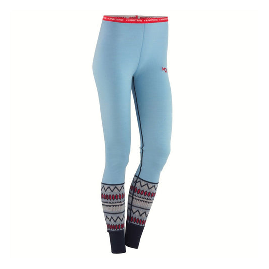 Kari Traa merino wool base layer bottoms - light blue with red, white and black design at ankle