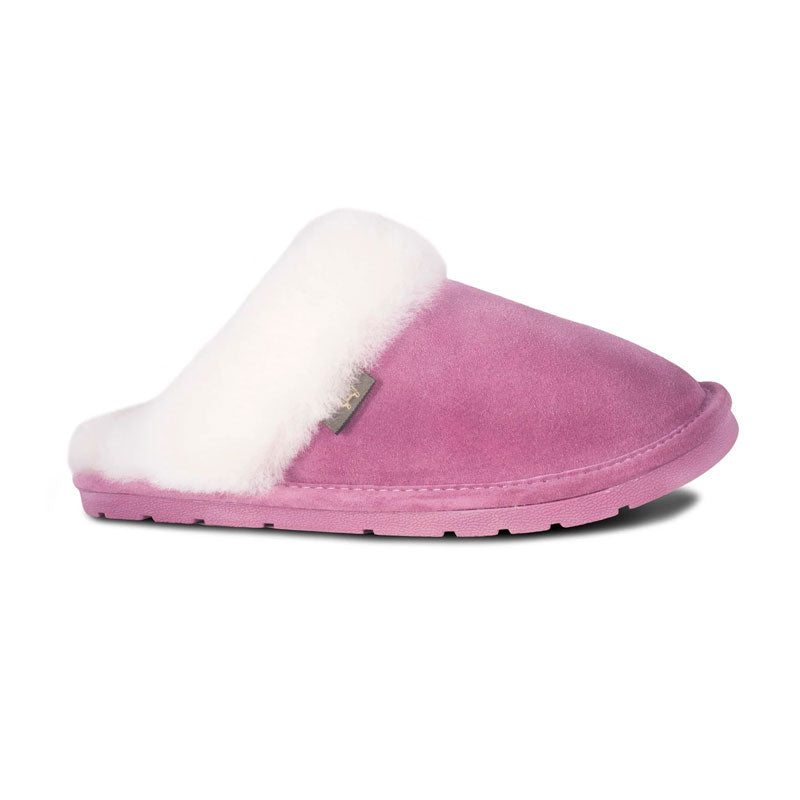 Women's Sheepskin Scuff slip-on Slippers. Pink suede leather with white sheepskin lining and rubber sole.  Side view. 