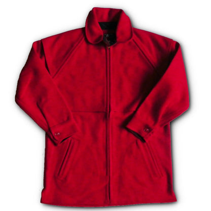 Womens Outback Jacket, Bright Scarlet, zipper front & button collar with over the shoulder cape, two slash pockets & button sleeves, zippered front view