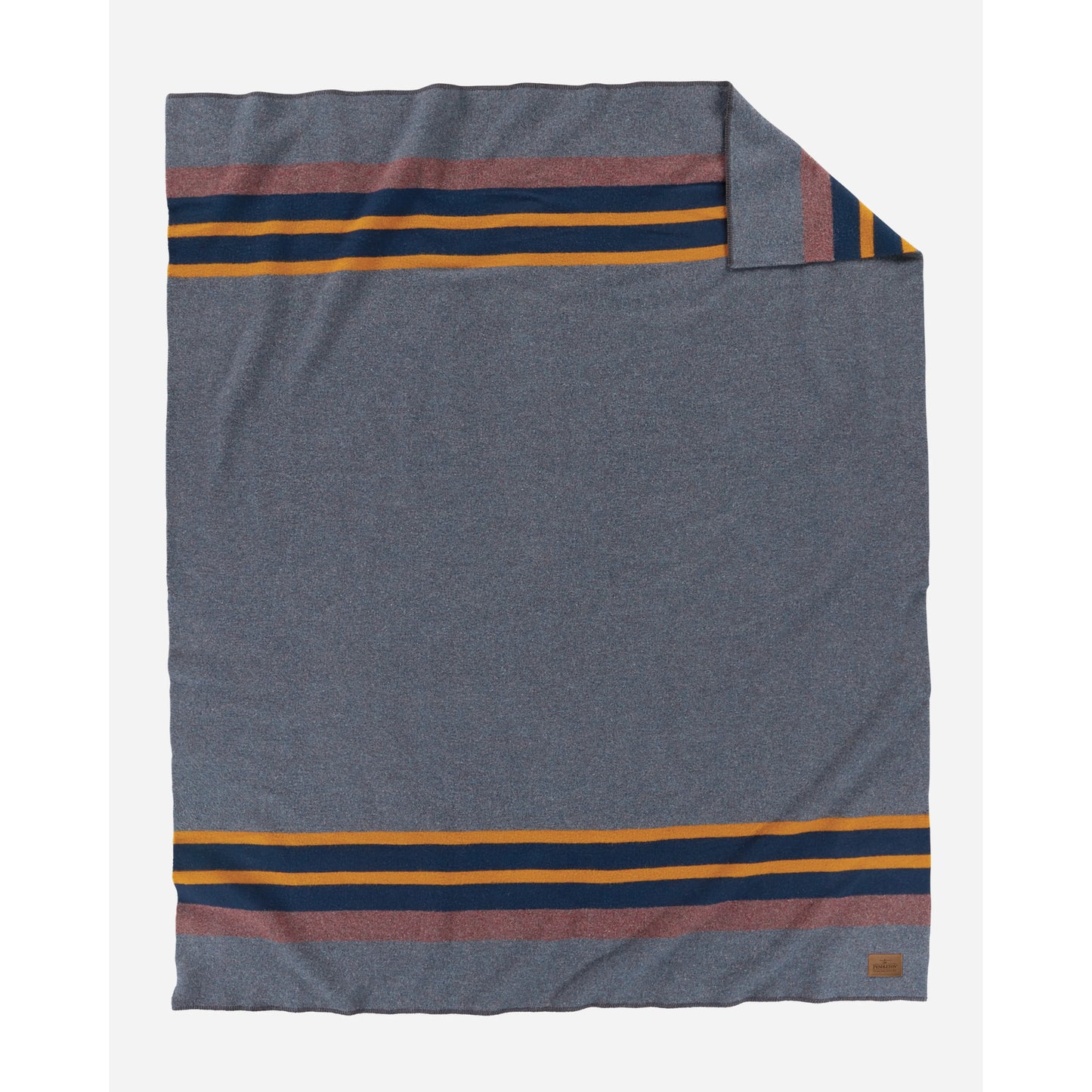 Pendleton Blanket - heathered blue with gold, navy and maroon stripes and logo 