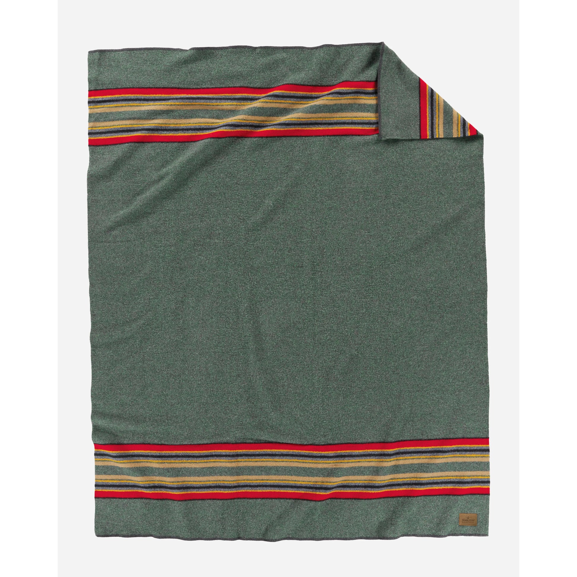 Pendleton blanket - green heather with red, blue and yellow stripes and logo 