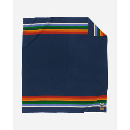Pendleton Blanket, Crater, dark blue background, with blue/white/green/red/orange stripes folded view