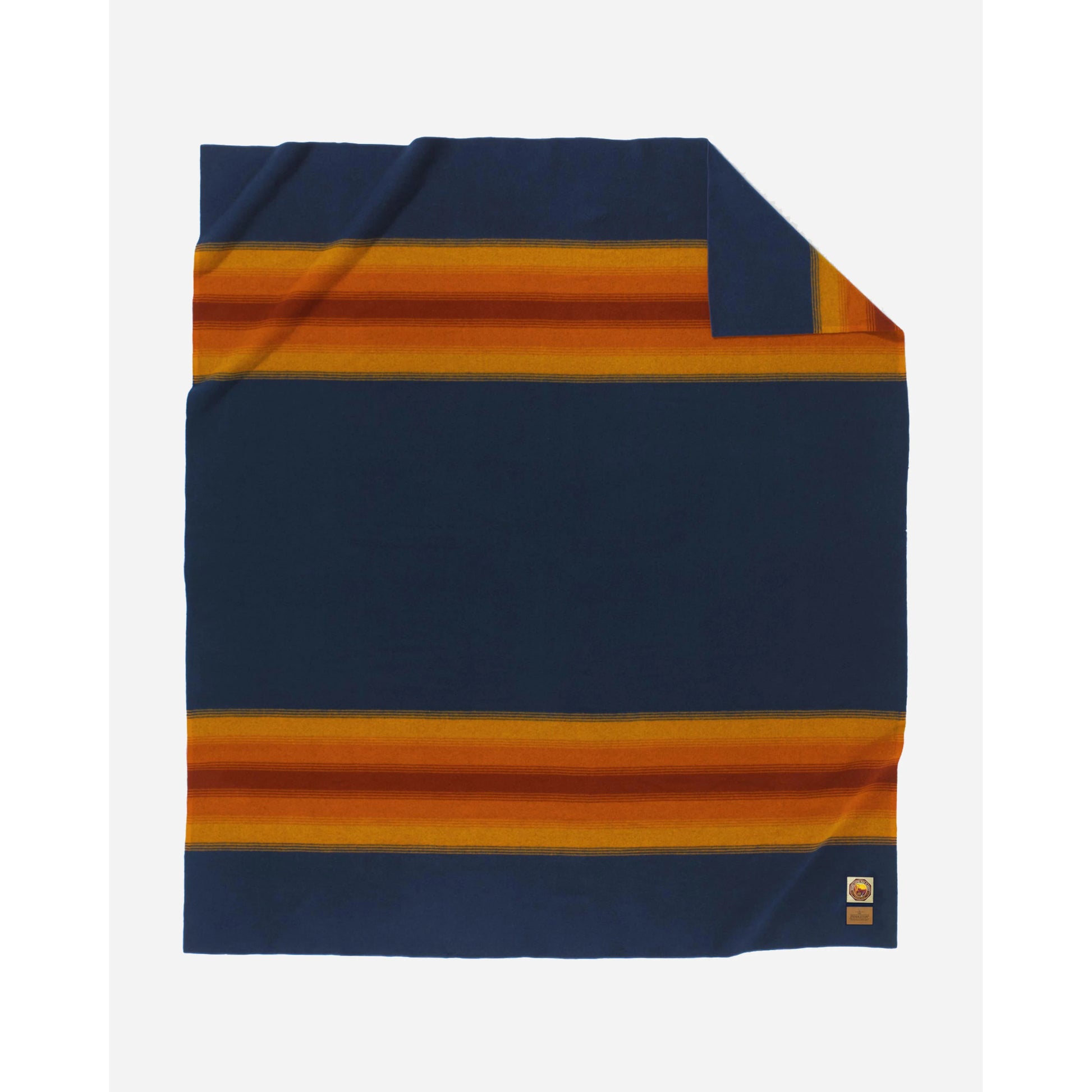 Pendleton National Park Blankets, Grand Canyon, blue background with orange/rust stripes folded view