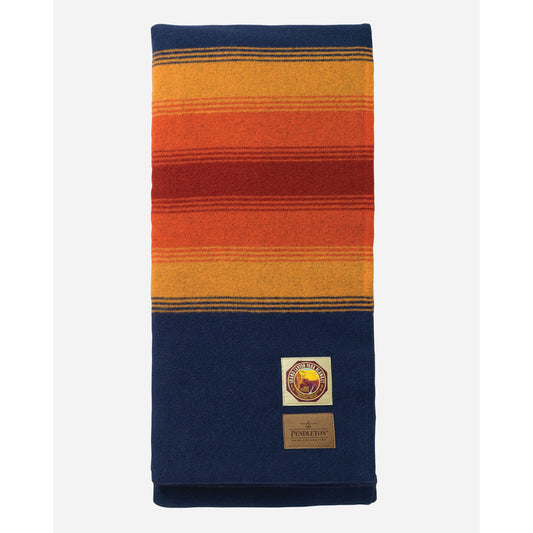 Pendleton National Park Blankets, Grand Canyon, blue background with orange/rust stripes unfolded view
