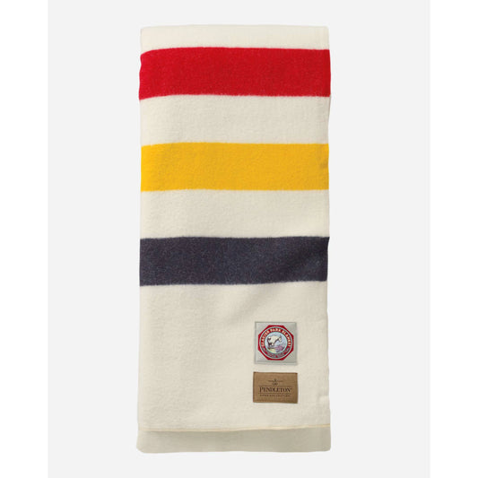 Pendleton Blanket, white background, with green/yellow/red strips folded view