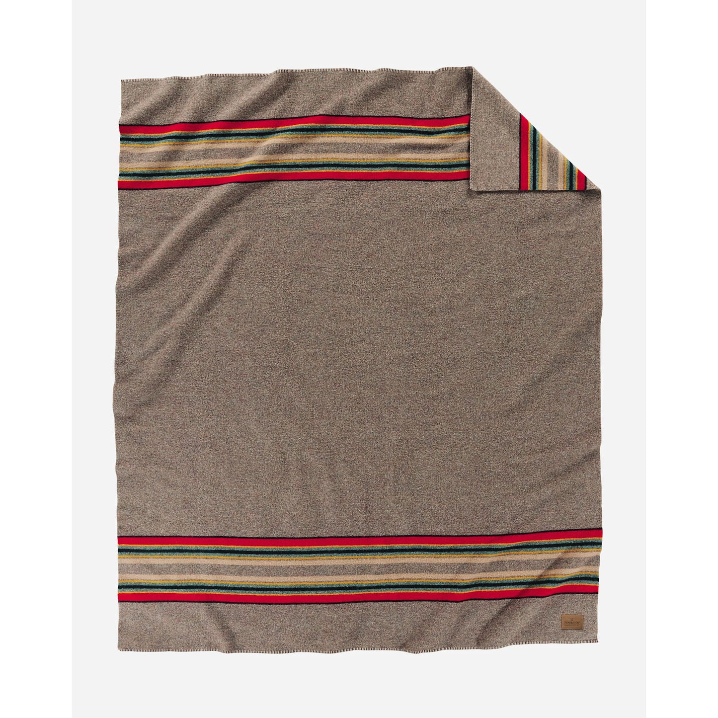 Pendleton Heather Tan Blanket with red, green, blue and gold stripes and logo 