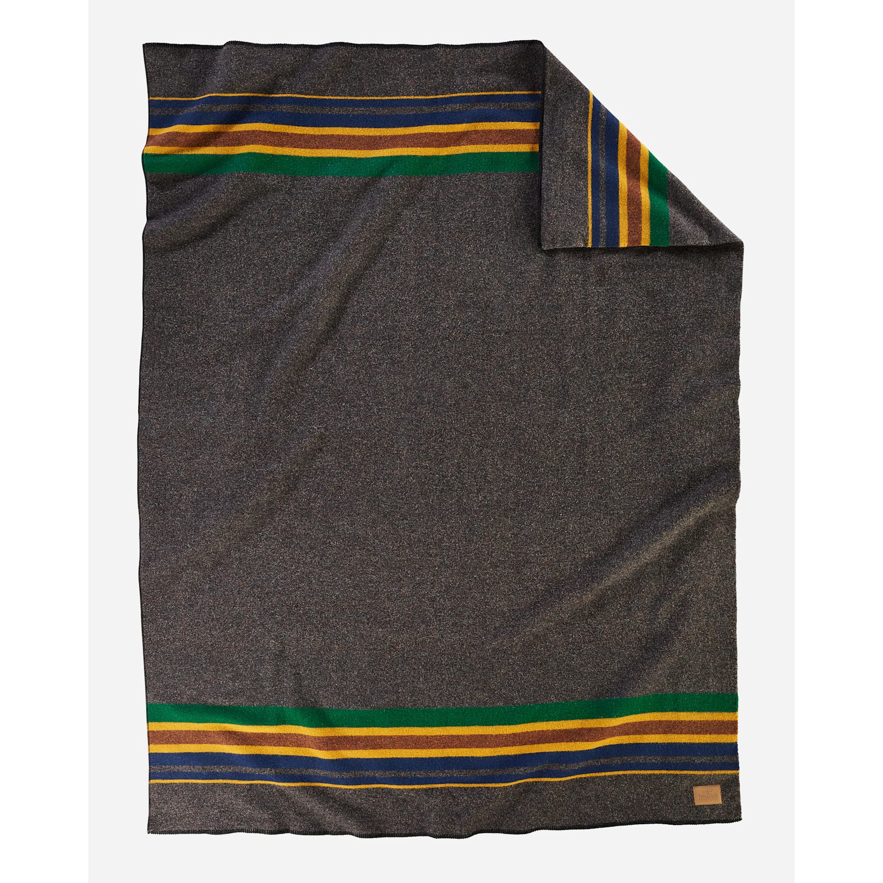 Pendleton Grey Blanket with yellow, blue, green stripes and logo 