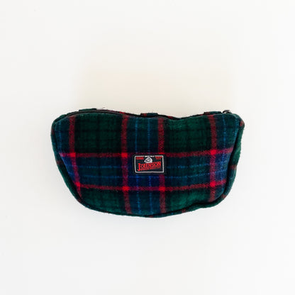 Wool sidewinder - bag with zipped closure and belt loops for wearing on your waist. Shown in green, blue and red plaid.
