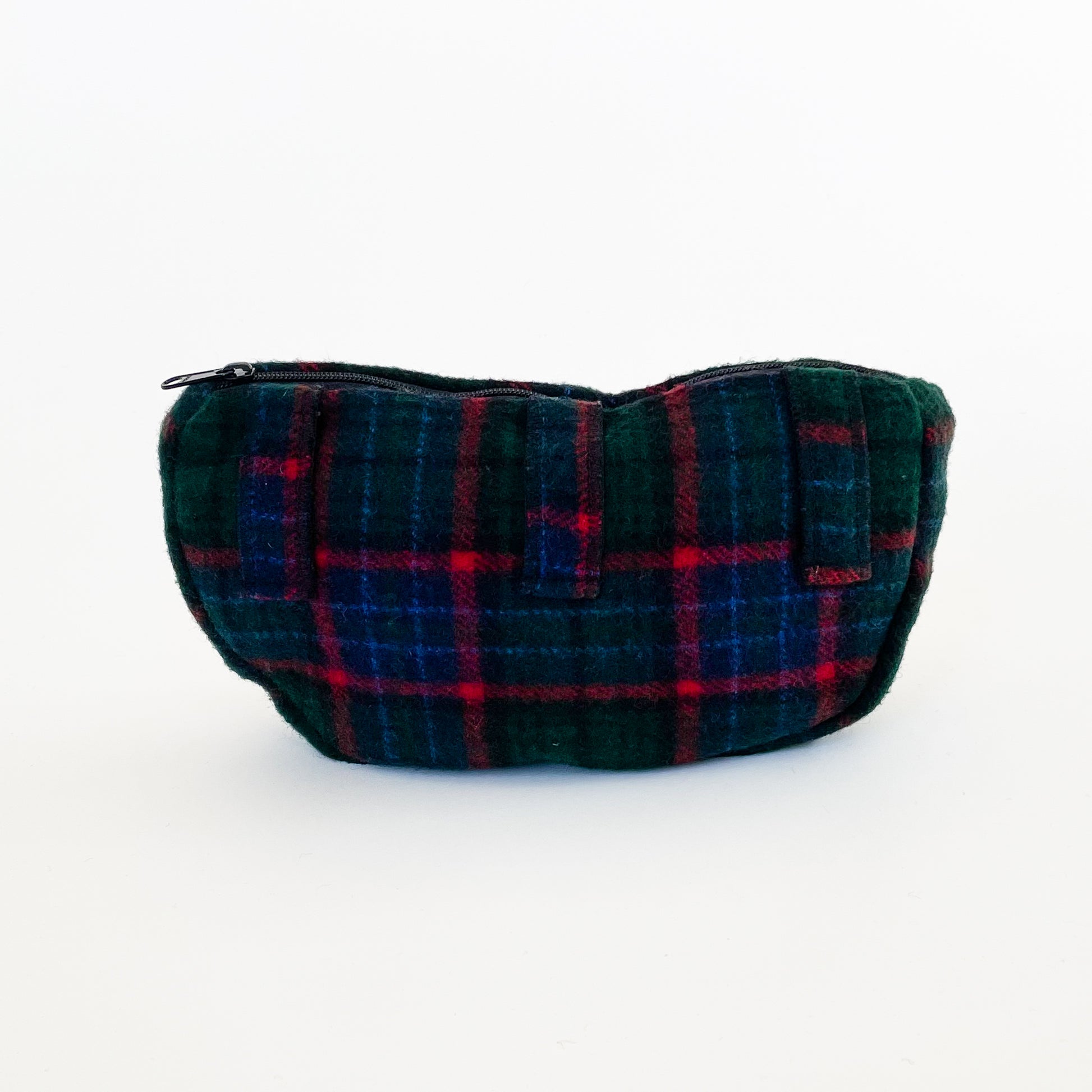 Wool sidewinder - bag with zipped closure and belt loops for wearing on your waist. Shown in green, blue and red plaid, back view