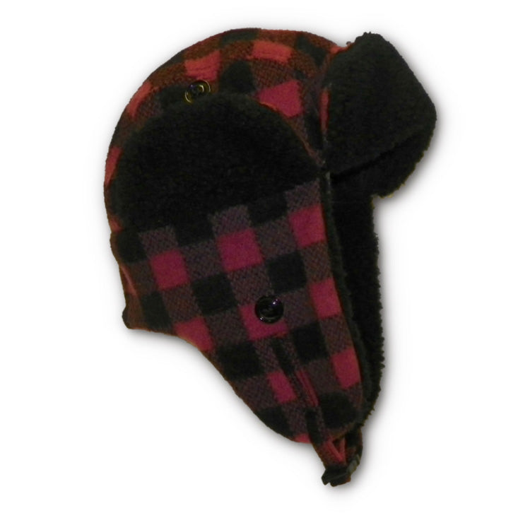 Pink and black plaid wool bomber style hat with black sherpa fleece lining around rim and visor.  Side view 
