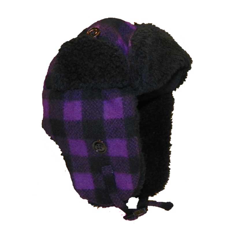 Purple and black checked wool bomber style hat with black sherpa fleece lining around rim and visor.  Side view 