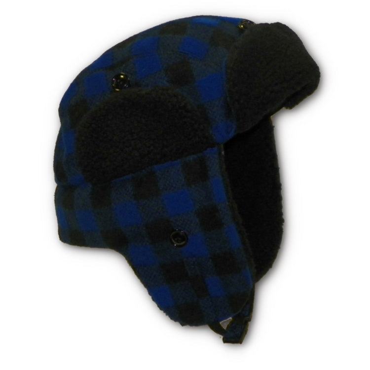 Blue and black buffalo plaid wool bomber style hat with black sherpa fleece lining around rim and visor.  Side view 