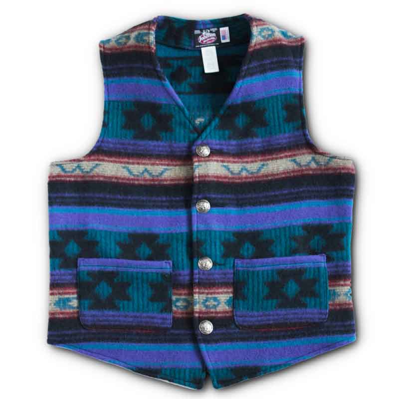 Vest with four brushed nickel buffalo buttons, Madonna Mountain, teal/fuscia/blue print, two lower pockets, buttoned front view