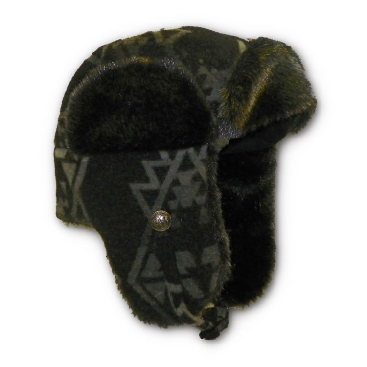 Gray and white print wool bomber style hat with black sherpa fleece lining around rim and visor.  Side view 
