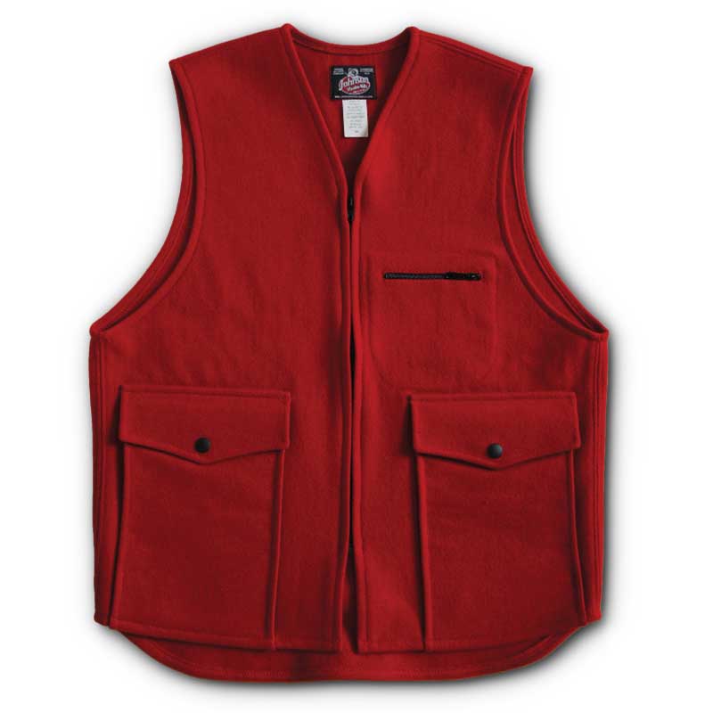 JWM Unlined Wool Vest, Bright Scarlet, zipper front, 2 large front pockets, 1 small zip pocket