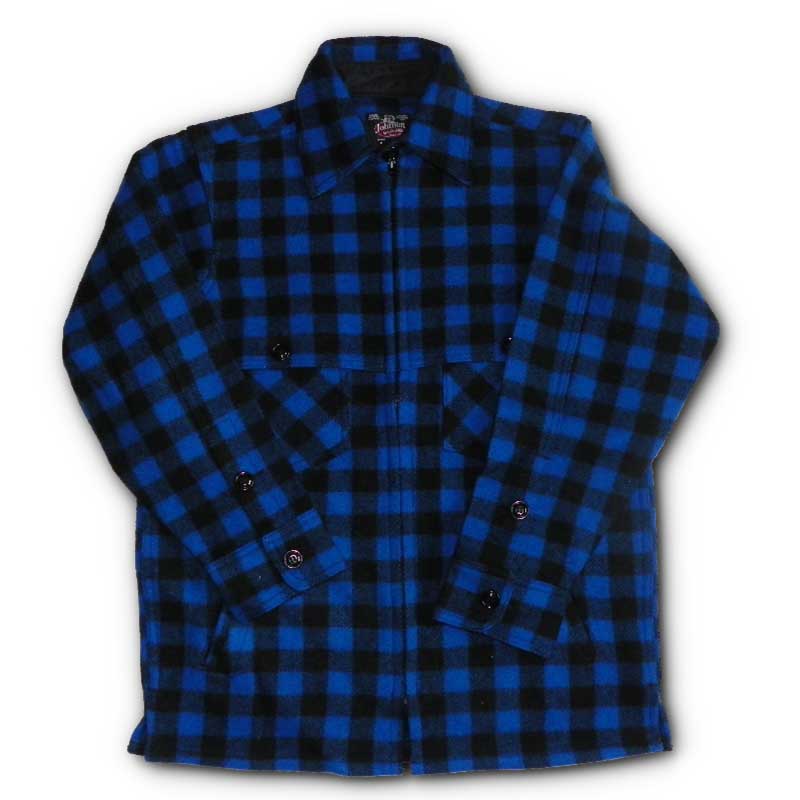 Womens Jac Shirt Blue & black 1 inch buffalo squares, Cape over shoulder, zipper front, 4 pockets, button collar & cuffs, zippered front view