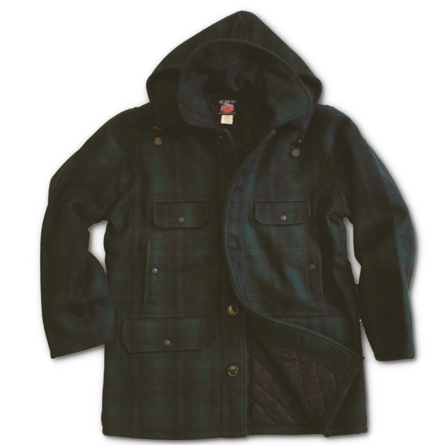 Johnson Woolen Mills - Classic Button Wool with lining, detachable hood - Green/Black Muted Plaid 