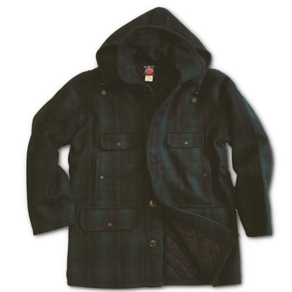 Johnson Woolen Mills - Classic Button Wool with lining, detachable hood - Green/Black Muted Plaid 