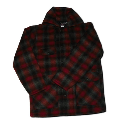 Outdoor Coat, tricot lining, zip hood, 4 pocket & game pouch on the back, red/black/gray muted plaid, front view