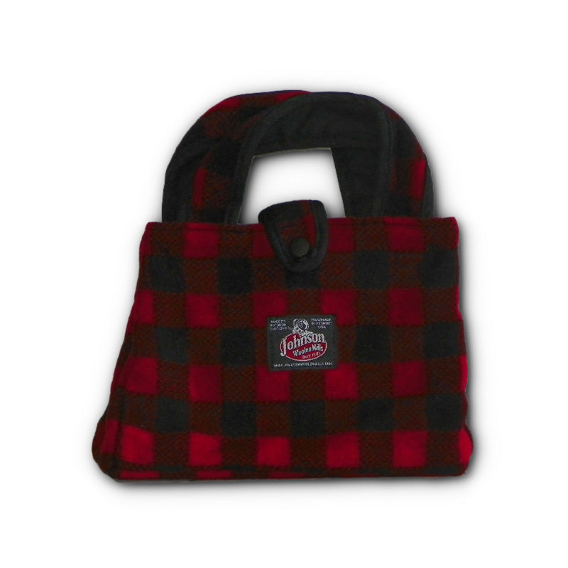 Bitty Bag with full liner inside pocket & snap closure with handle, red & black 1 inch buffalo squares, front view with handle