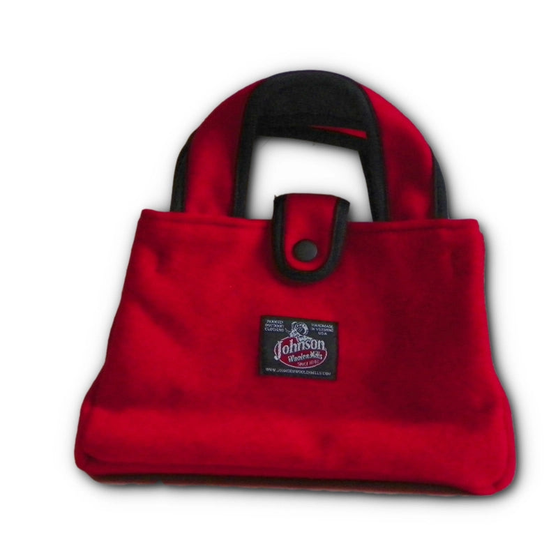 Bitty Bag with full liner inside pocket & snap closure with handle, bright scarlet, front view with handle