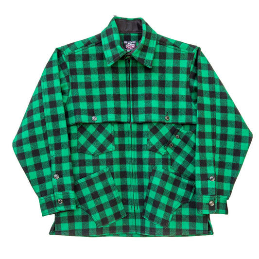 Big Buck Benoit shirt - green and black buffalo plaid with a side pocket and lower pockets - front view