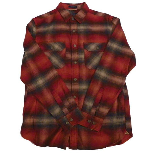 Pendleton cotton flannel long sleeve button down shirt in red, tan and brown plaid