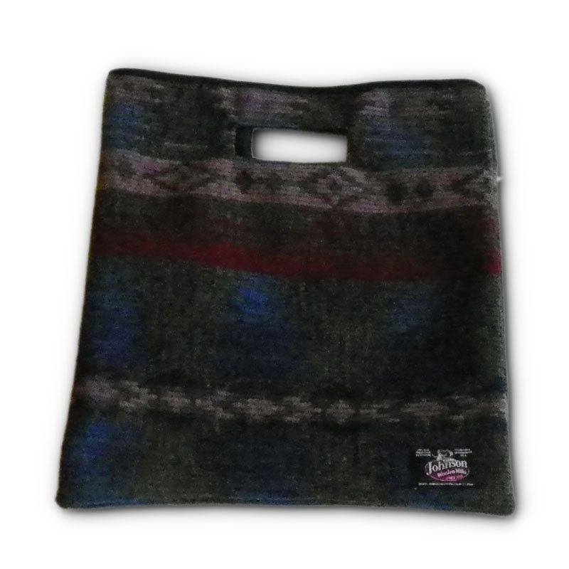 Johnson Woolen Mills Clutch with Handle - blue, pink and tan pattern with logo 