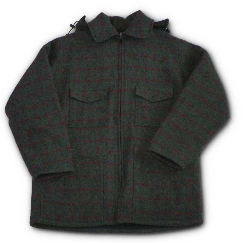 Johnson Woolen Mills Men's Lined Wool Jacket with detachable hood - grey with green and red plaid 