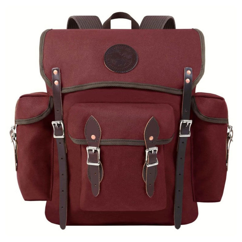 Duluth Burgundy Backpack with brown clasps, front pocket and side pockets 
