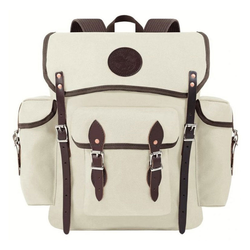Duluth Olive Off White/Natural Backpack with brown clasps, front pocket and side pockets 