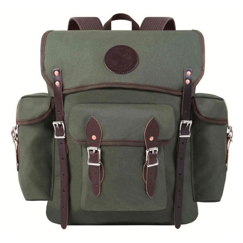 Duluth Olive Green Backpack with brown clasps, front pocket and side pockets 