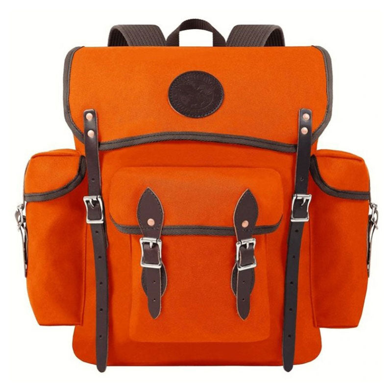 Duluth Orange Backpack with brown clasps, front pocket and side pockets 
