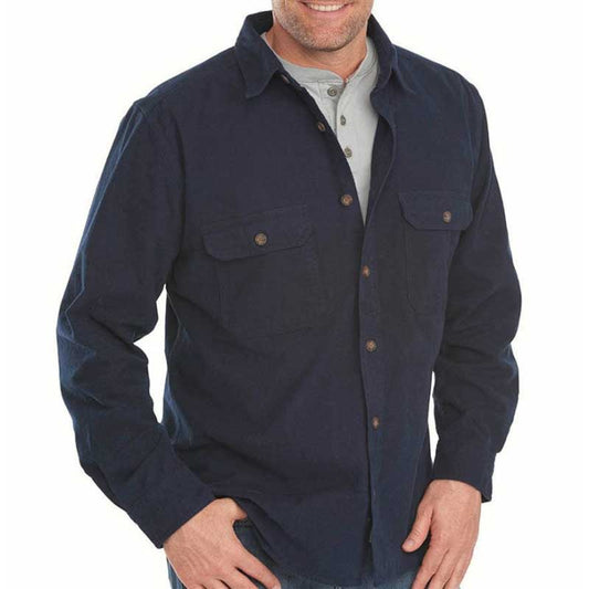 Expedition chamois long sleeve button down shirt with two front patch pockets with buttoned flaps.  Shown in navy on model.