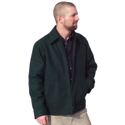 JWM Field Jacket, Spruce Green (front view, shown on a man) Hip length, back is tricot lined and has 2 side pockets and one zip breast pocket with zip up front closure