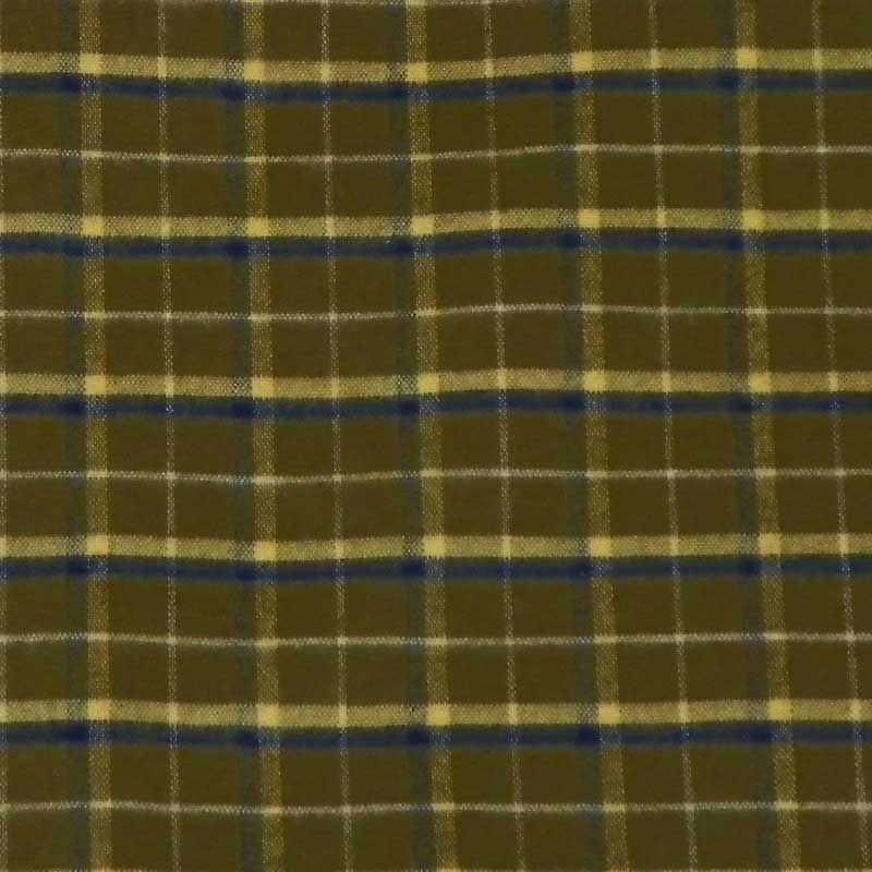 Green Mountain Flannel Swatch, Stagecoach, olive squares with blue/yellow/white lines