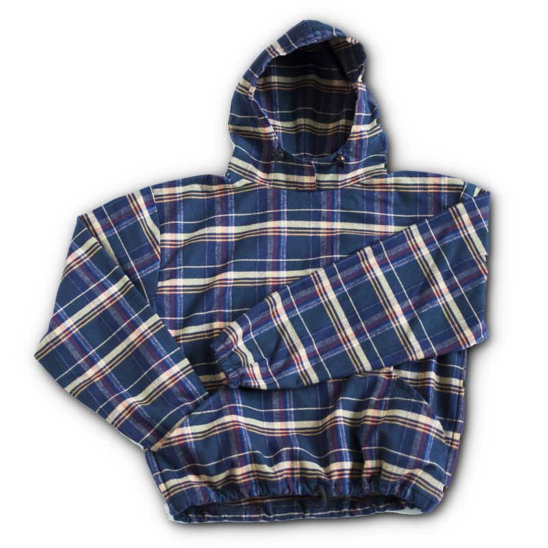 Green Mountain Flannel Hoodie, spruce/navy/tan with drawstring hood & front lower pocket, front view with hood