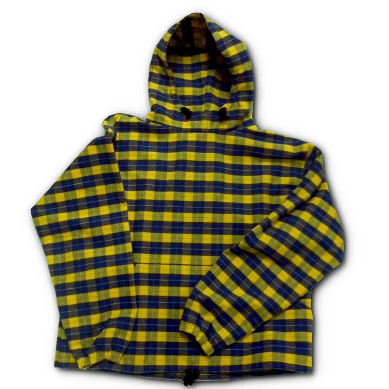Green Mountain Flannel Hoodie, Yellow Stone, blue/yellow stripes with drawstring hood & front lower pocket, front view with hood
