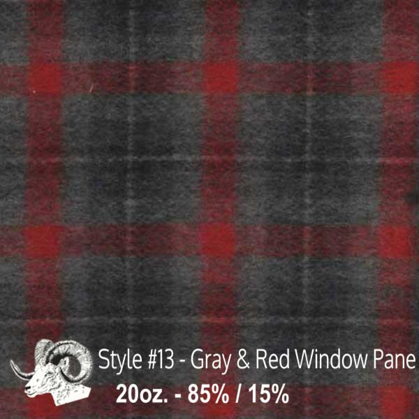 Johnson Woolen Mills swatch - grey, red window pane plaid