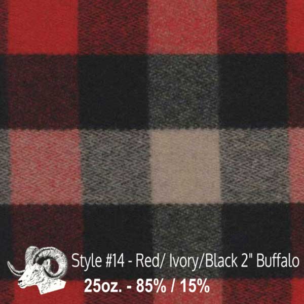 Johnson Woolen Mills Wool Swatch Red/Ivory/Black 2 inch buffalo squares with small stag image