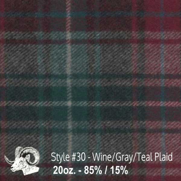 Wool Fabric By The Yard - 30 - Wine, Gray, & Teal Plaid