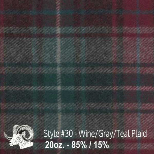 Wool fabric swatch wine, gray and teal plaid