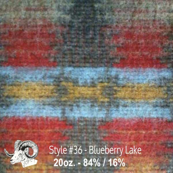 Johnson Woolen Mills swatch - lake blue, cranberry, gold pattern 
