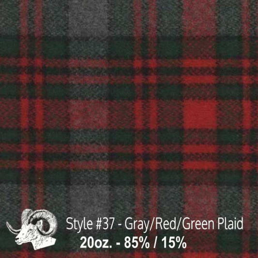Johnson Woolen Mills swatch - grey, red, green plaid 