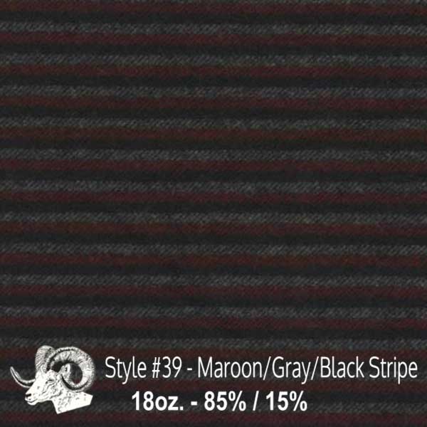 Johnson Woolen Mills swatch - maroon, gray, black stripe 